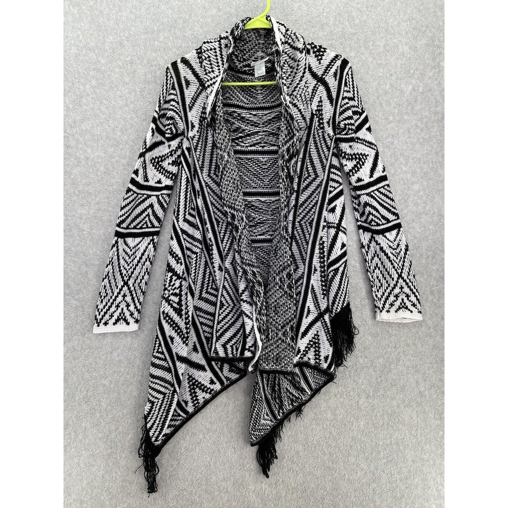 Trillium Women's Open Front Cardigan Size Large Cable Knit Black White Fringe